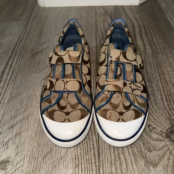 Coach Barrett Canvas logo sneakers brown blue patent leather trim 8 EUC Velcro - Picture 2 of 7